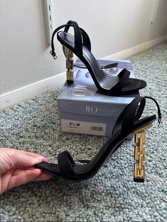Jennifer Lopez Shoes - Jennifer Lopez Black Sandals with Gold Chain-Link Block Heel